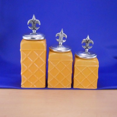 60002YL-FDL-SIL CERAMIC CANISTER SET ROPE YELLOW W/ FDL SILVER LIDS